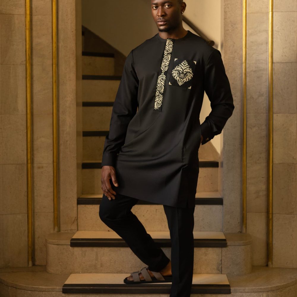 ADUWA TWO-PIECE EMBROIDERED BLACK KAFTAN