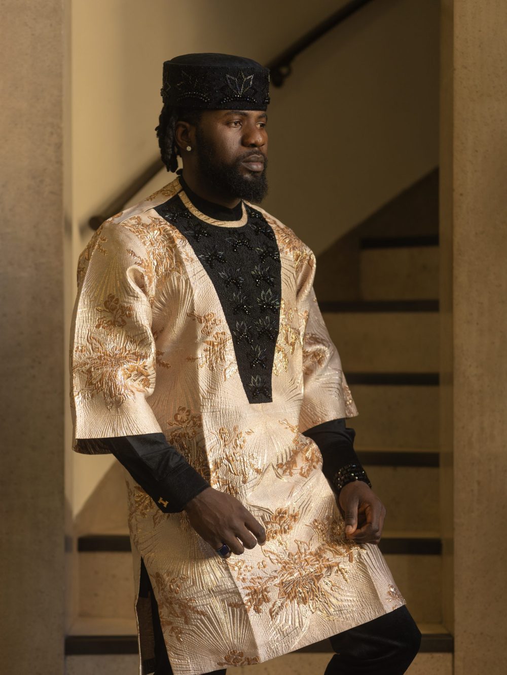 The Regal Bloom - Beaded Damask Tunics X Two-Piece Suede Kaftan & Matching Beaded Cap